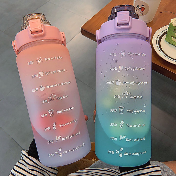 Bình nước 2 lít dành cho người lười uống nước , bình đựng nước cute 2L có ống hút, vạch chia nhắc giờ FERADO