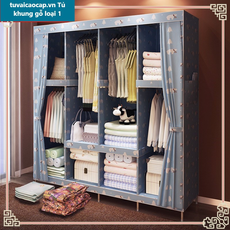 Tủ quần áo Tủ vải khung gỗ 4 buồng cao cấp, chất liệu 100% gỗ tự nhiên siêu chắc chắn, chịu lực tốt