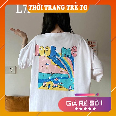 Áo thun 𝑭𝒓𝒆𝒆𝒔𝒉𝒊𝒑 Áo phông form rộng Unisex L72, mặc lớp, nhóm, cặp in hình tranh cầu vồng chữ look me màu trắng