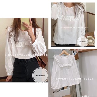 Áo sơmi thô đũi viền bèo chỉ nổi tay bo/Áo sơmi bèo Ulzzang