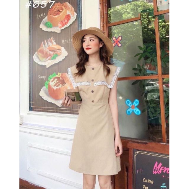 🌺DTB201010027 ĐẦM XÒE TIỂU THƯ CỔ BÈO VIỀN REN PHỐI NÚT🌺