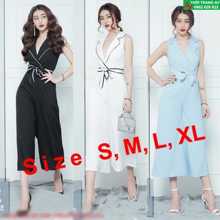Jumpsuit - Đồ bay lửng ổng rộng cổ vest phối viền thắt nơ eo xinh xắn - AV5539