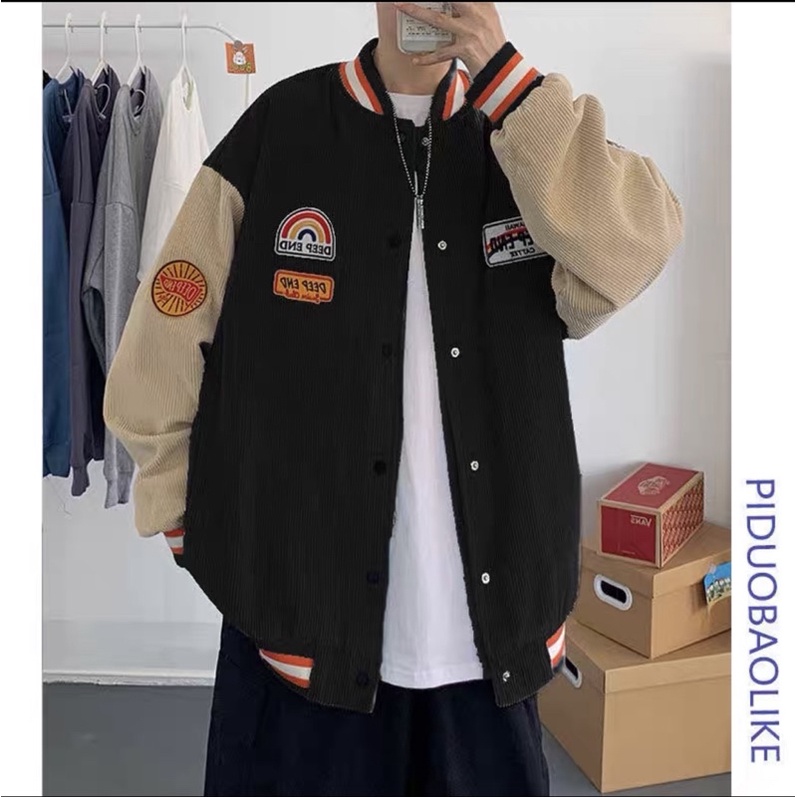 Áo Khoác Bomber Nhung Logo RAINBOW 🦋Áo Jacket Khuy Bấm Tay Bo Phối Màu Form Rộng 4 Màu 🦋