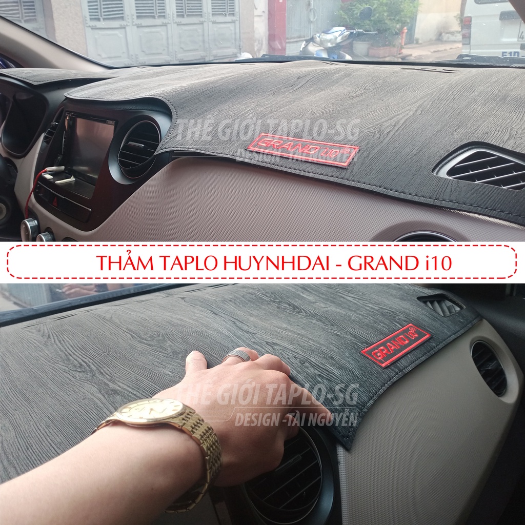 [Grand-i10 2014 đến 2020] Thảm Taplo oto loại da vân gỗ,da cacbon,da nỉ đen và nhung lông cừu dày 3 lớp