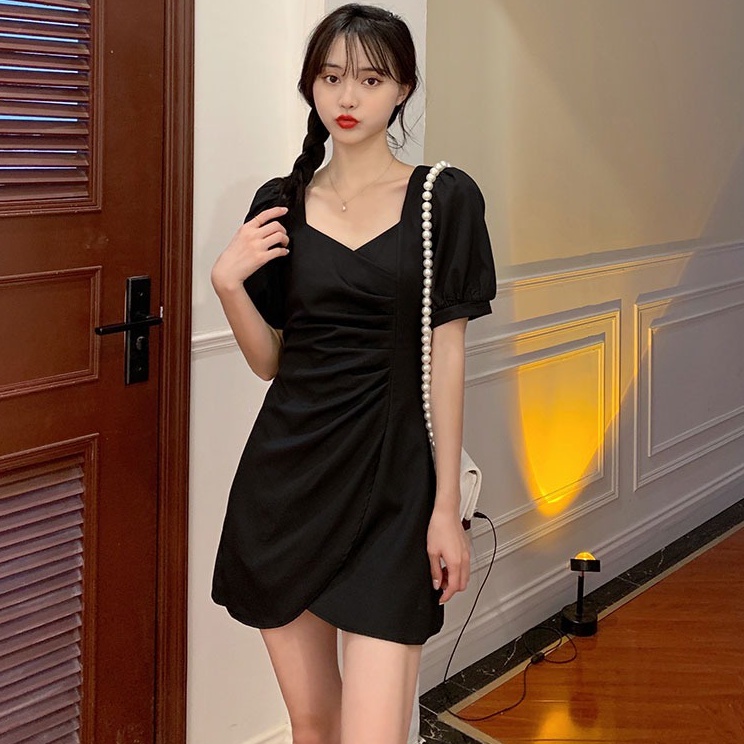 Đầm chiffon ZHELIHANGFEI ngắn tay màu trơn thiết kế không đồng đều xinh xắn thời trang