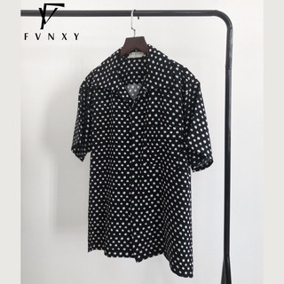 Áo Sơ Mi Ngắn Tay Nam Nữ FVNXY Hoạ tiết Chấm Bi màu đen Form Rộng