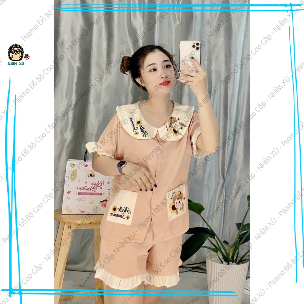 Đồ Bộ Ngủ Pijama Mặc Nhà Vải Satin Cao Cấp Cổ Bèo Tay Phồng Hello Summer Quần Đùi Áo Tay Ngắn