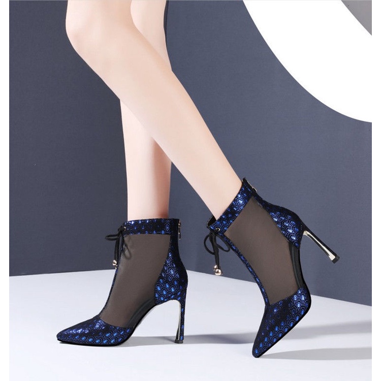 Giày Cao Gót Da Mềm Phối Lưới Thoáng Khí Màu Đen Và Xanh Dương Thời Trang Quyến Rũ Cho Nữ