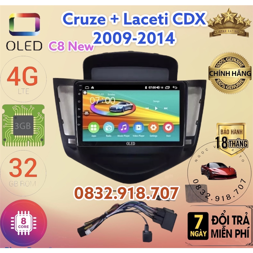 Màn hình android OLED C8 New theo xe Cruze 2015 - 2018  kèm dưỡng và jack nguồn zin theo xe