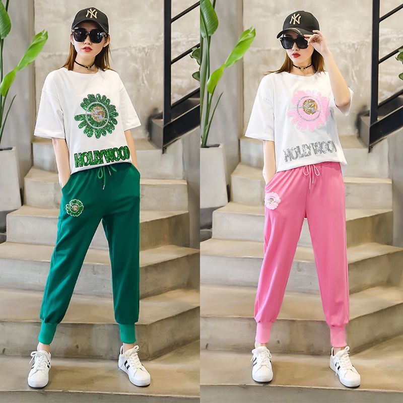 Bộ đồ thể thao áo tay ngắn kèm quần dài phong cách Hàn Quốc mùa xuân cho nữ