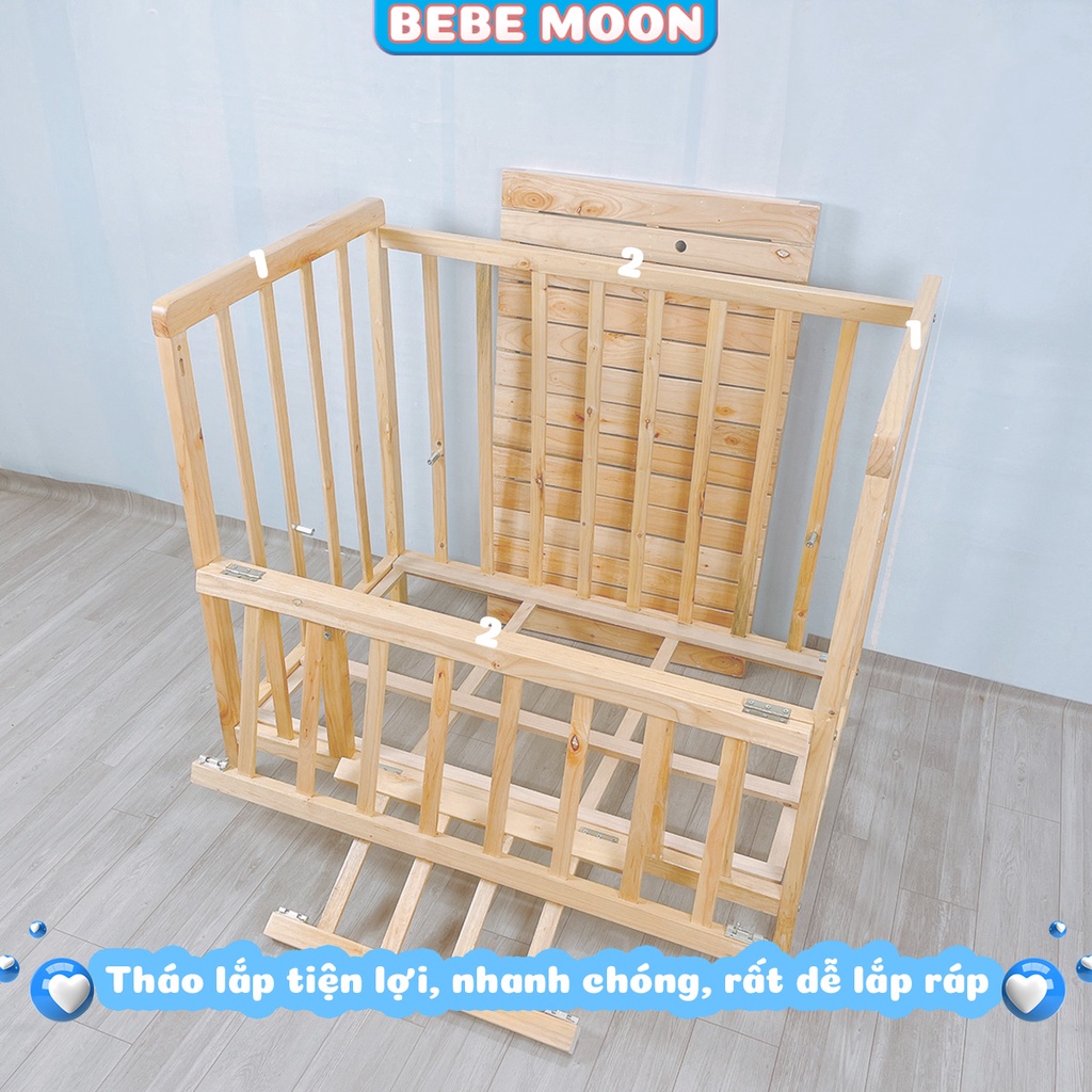 Giường Cũi Cho Bé Có 2 Tầng BeBe Moon - Chất Liệu Gỗ Quế Tự Nhiên Có Giát Để Đồ, Chịu Lực 60kg