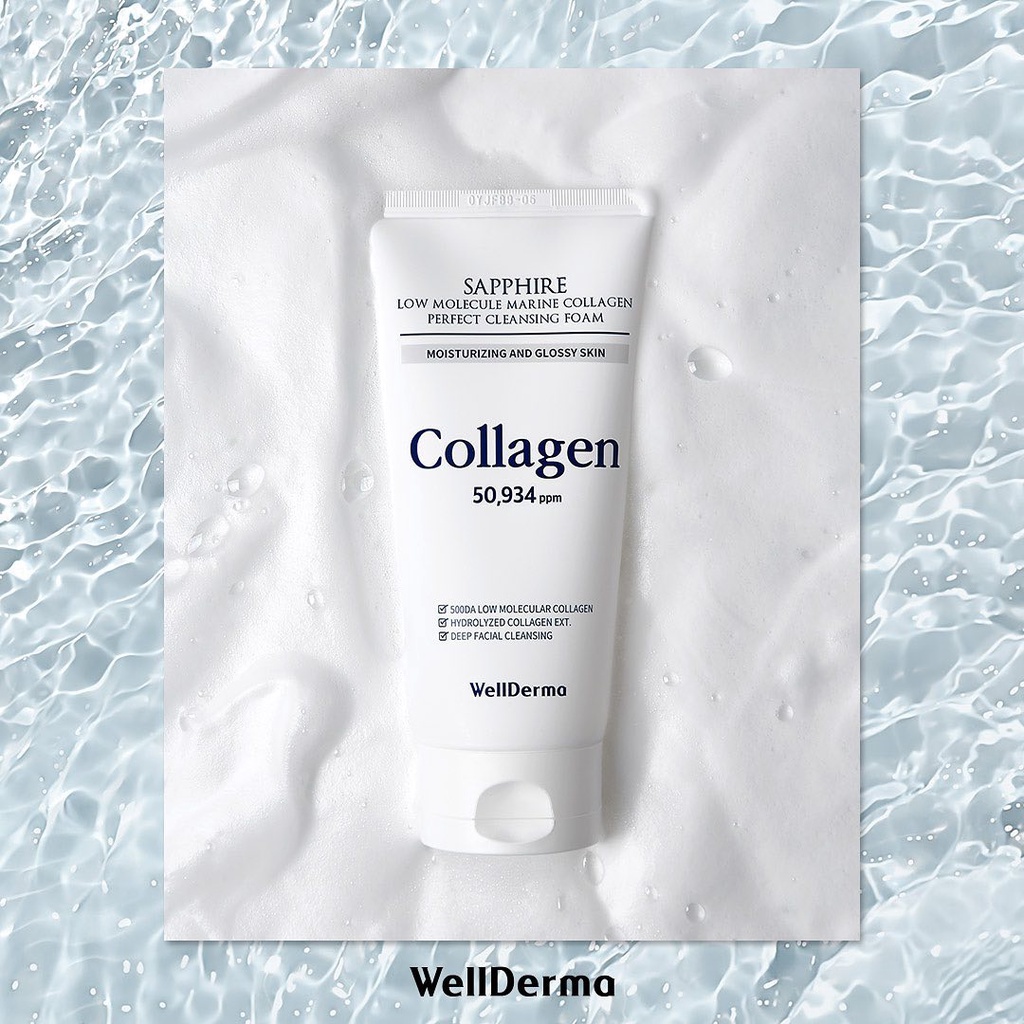 Bộ 2 Sữa rửa mặt Collagen 150g + Máy rửa mặt WellDerma Sapphire Low Molecule Marine Collagen Cleansing Duo