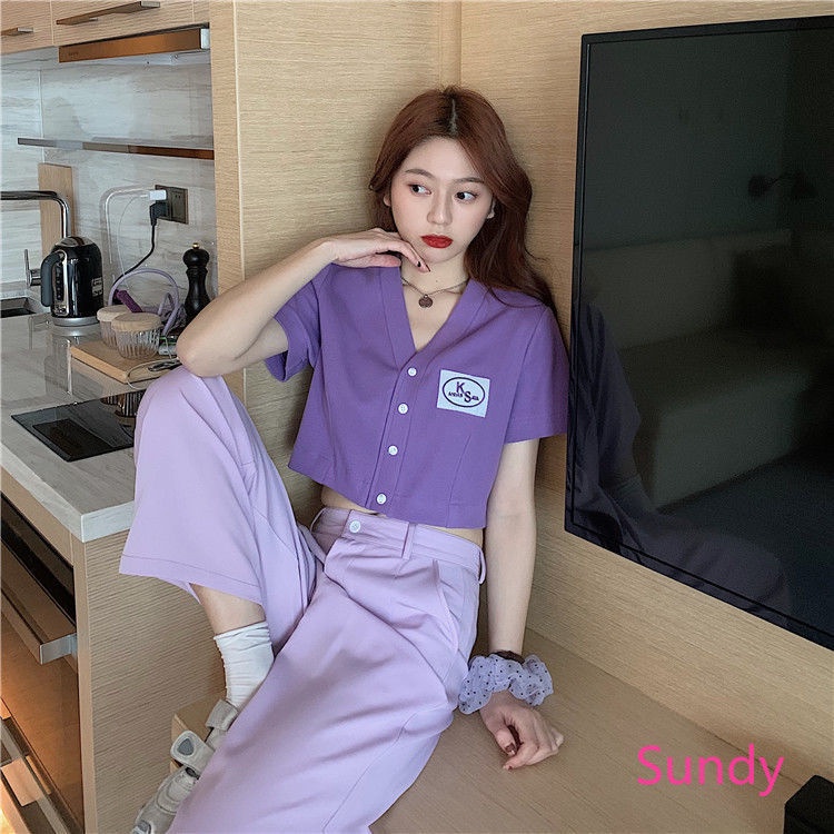 Áo Croptop Màu Trơn Cổ Chữ V Thời Trang Mùa Hè Ngọt Ngào Cho Nữ