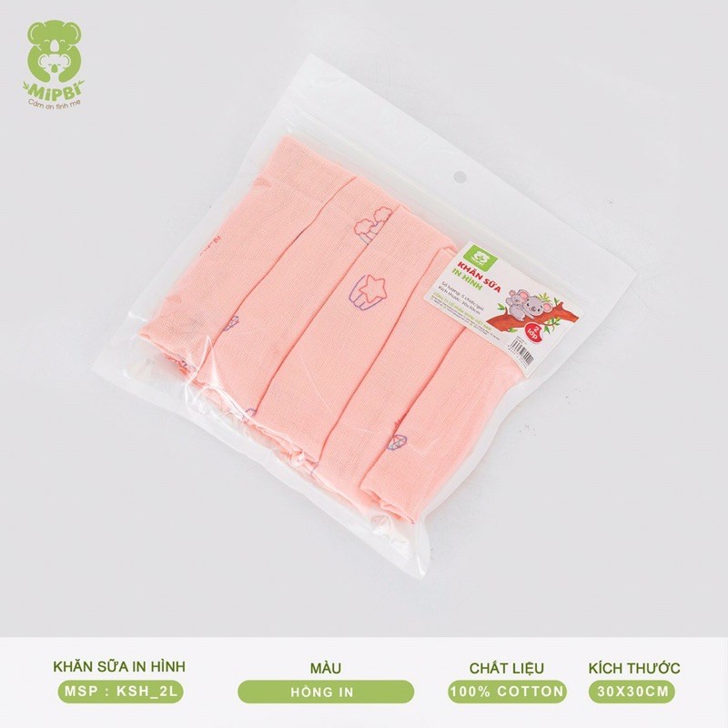 Túi 5 khăn sữa 2 lớp in hình Mipbi 100% COTTON kích thước 30x30cm Khăn xô Khăn mặt Khăn đa năng in hình cho bé