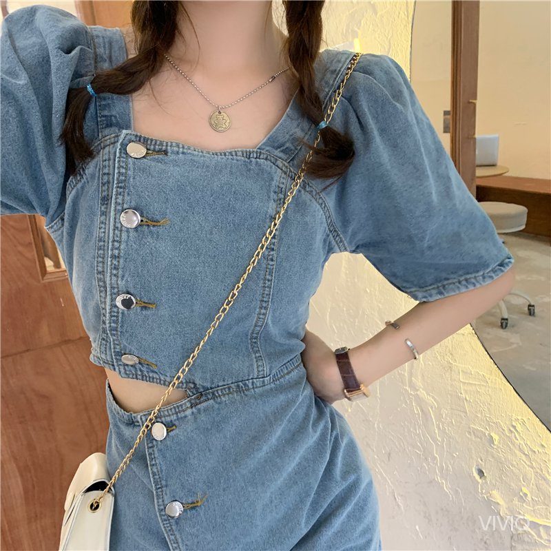 Đầm Denim Cổ Vuông Tay Phồng Phong Cách Pháp Thời Trang Mùa Hè 2021