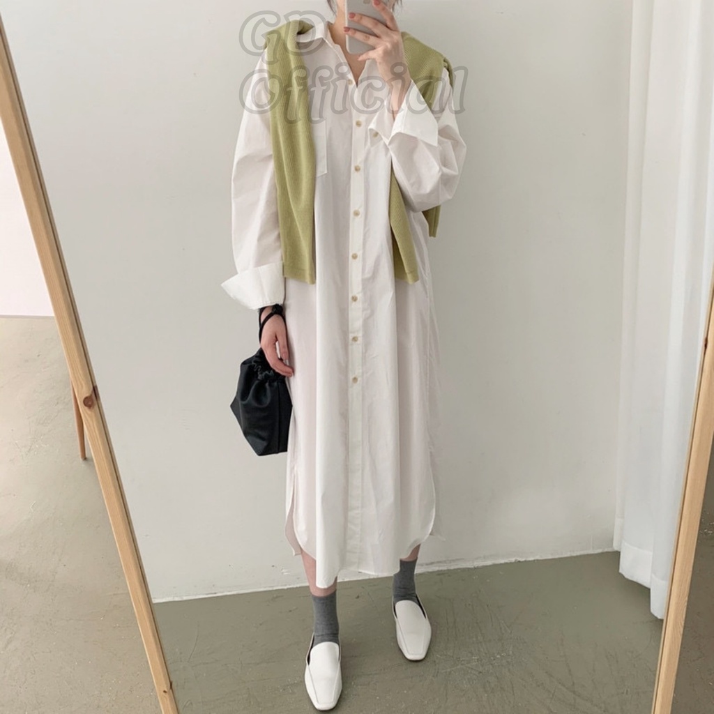 D16|Đầm sơ mi basic cho nữ, dáng dài cổ điển, cotton dày dặn, hút mồ hôi màu trắng, xanh gd_order