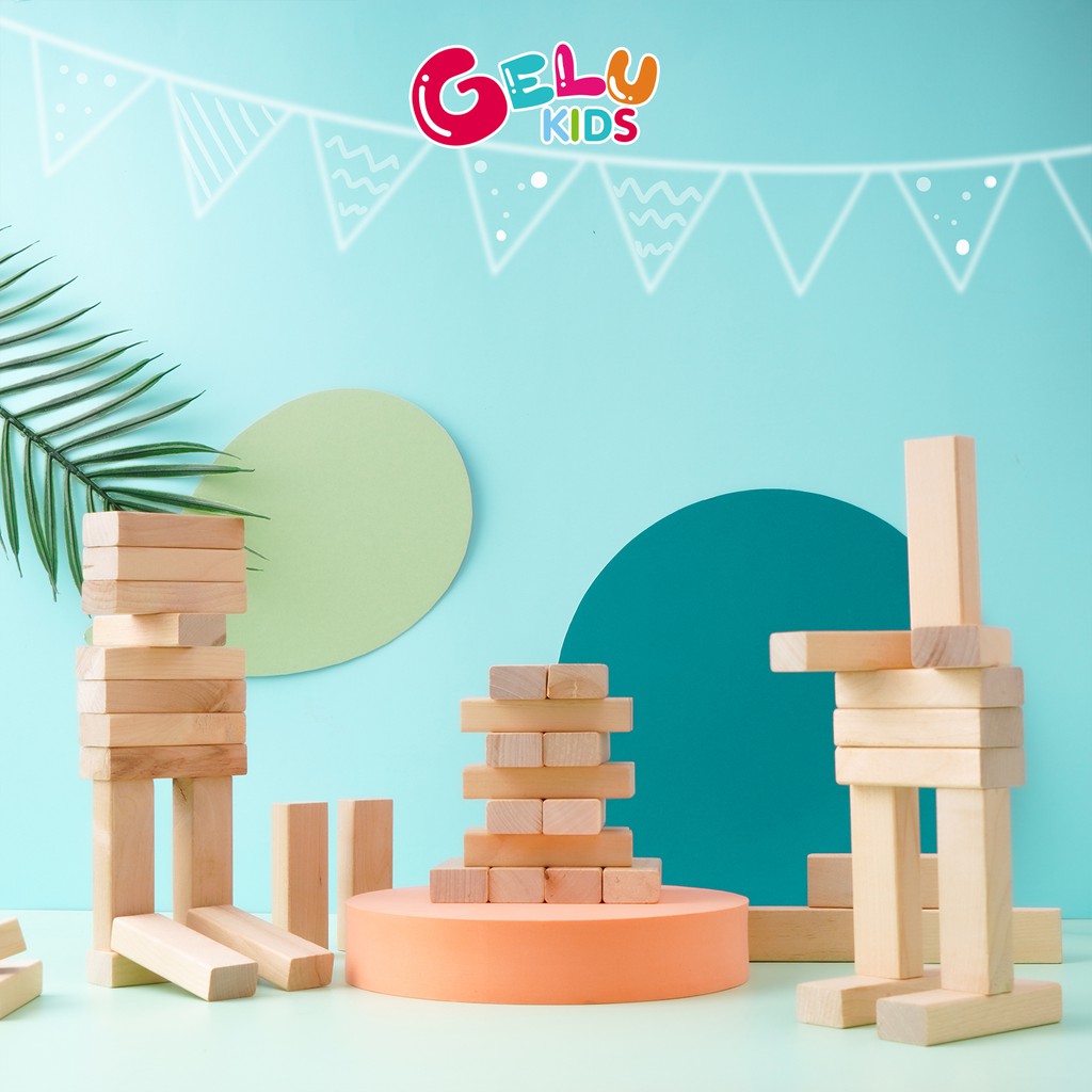 Bộ rút gỗ xếp hình Domino Montessori hình khối đồ chơi lắp ráp 54 thanh an toàn rèn luyện trí thông minh cho trẻ