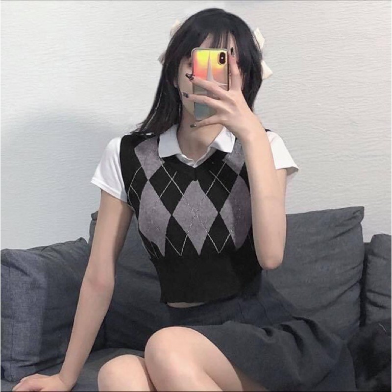 Áo len nữ gile sọc vuông ba lỗ croptop - Order taobao quảng châu