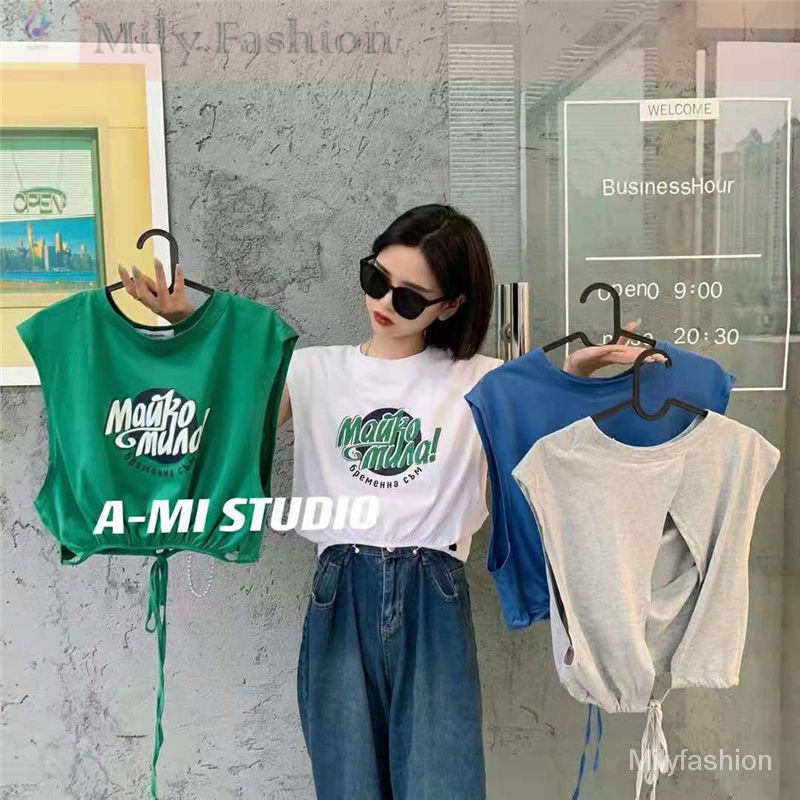 Áo Thun Sát Nách Dáng Rộng Cổ Tròn In Họa Tiết Dễ Phối Đồ