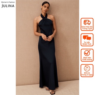 Đầm maxi cổ yếm satin màu xanh dương sang trọng dự tiệc Julina Ruby Satin Navy (jf680) JF904