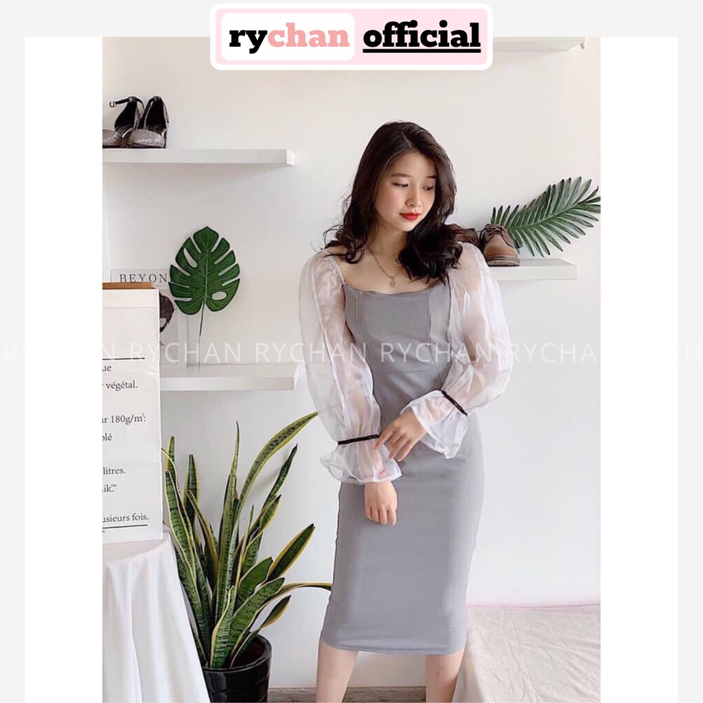 DO851 - Đầm Xám Phối Tay Voan Phồng Sang Trọng Đầm Suông Form Đẹp Đầm Suông Tay Voan