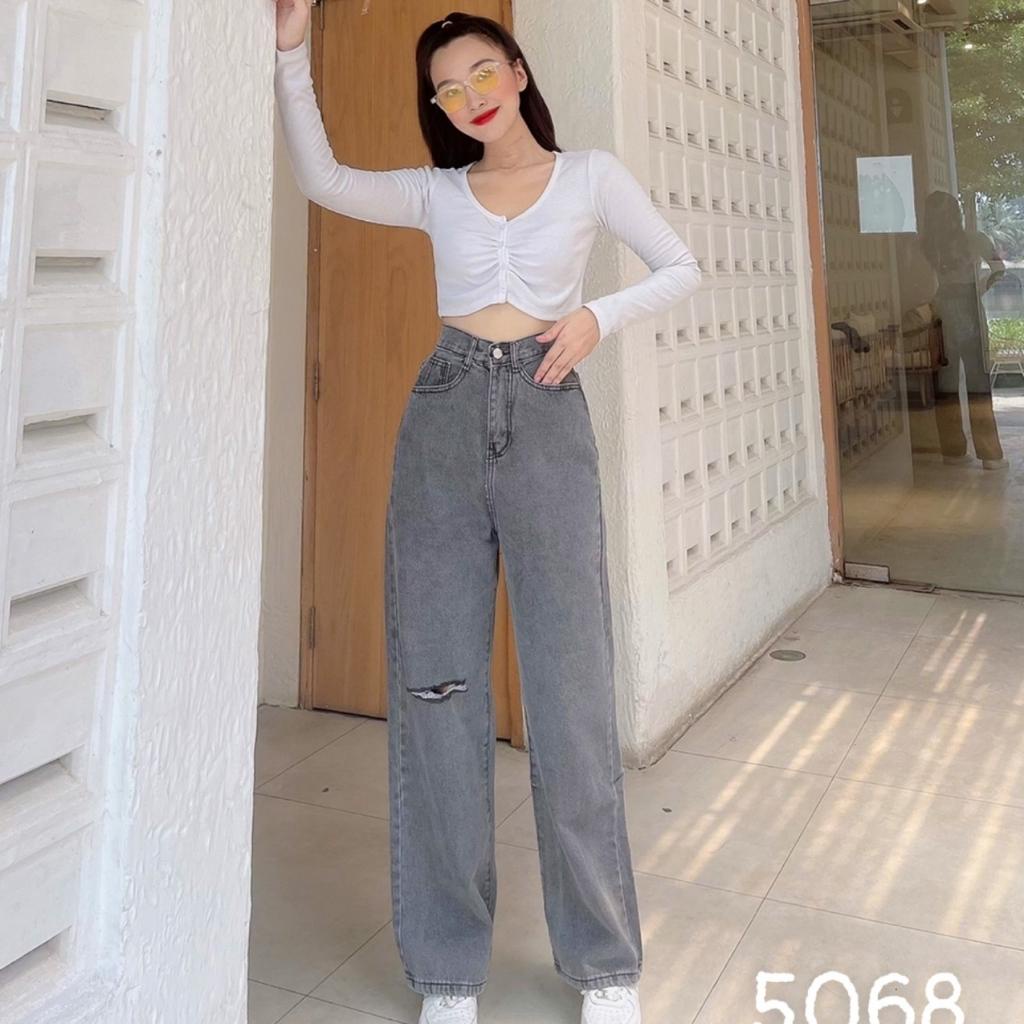 Quần Jean nữ ống suông cạp cao rách gối xanh nhạt, chất bò dày dặn, không nhăn, không xù khi giặt MT5047 | BigBuy360 - bigbuy360.vn