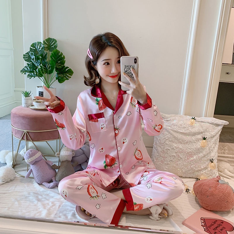 Set đồ ngủ dài tay vải lụa lạnh mỏng nhẹ in họa tiết thời trang xuân thu dễ thương cho nữ