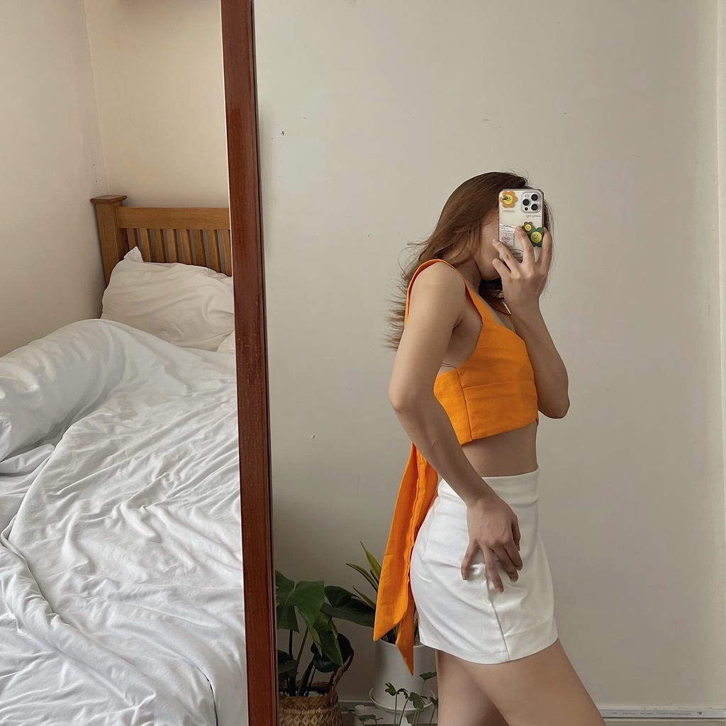 ELE Studios - Áo Croptop thiết kế cao cấp xếp li thắt nơ sexy cá tính Poshtop cam tươi vải linen đi chơi, đi biển