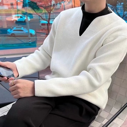 Áo len tay dài cổ chữ V thời trang cho nam Simple Fashion áo sweater trơn Hàn Quốc áo sweater form rộng Simple Fashion áo sweater trơn