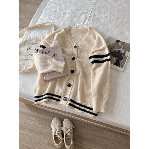 Áo Khoác Cardigan Len Sọc Tay Nữ - Halinh Shop - Cardigan Len Khuy To Hàn Quốc Mặc Thu Đông Size M L