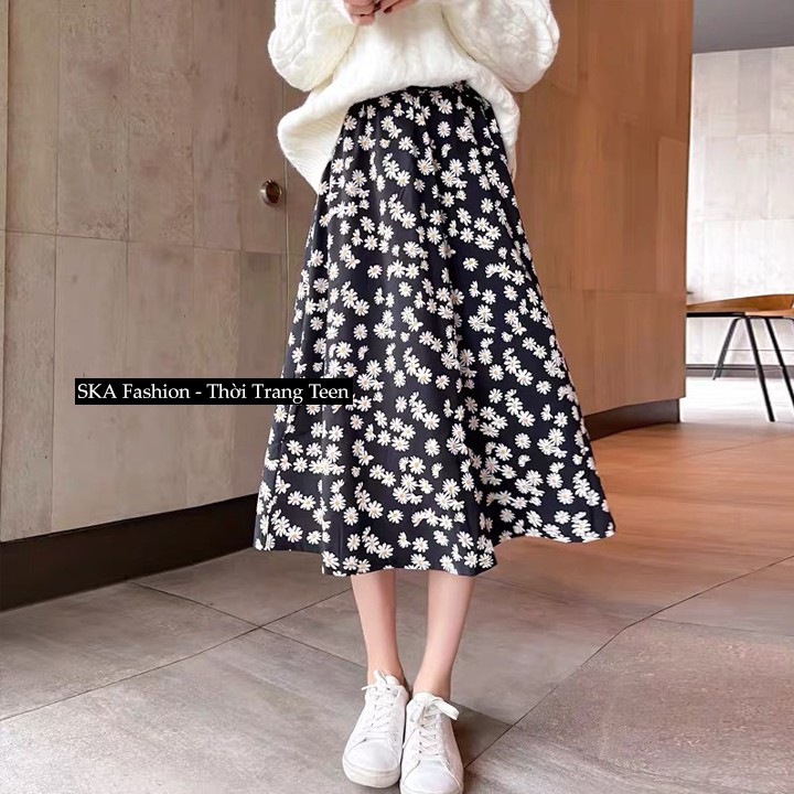 Chân Váy Vintage Hoa Cúc Ulzzang Dáng Dài, Chân Váy Xòe Midi Hoa Cúc Bigsize - SKA