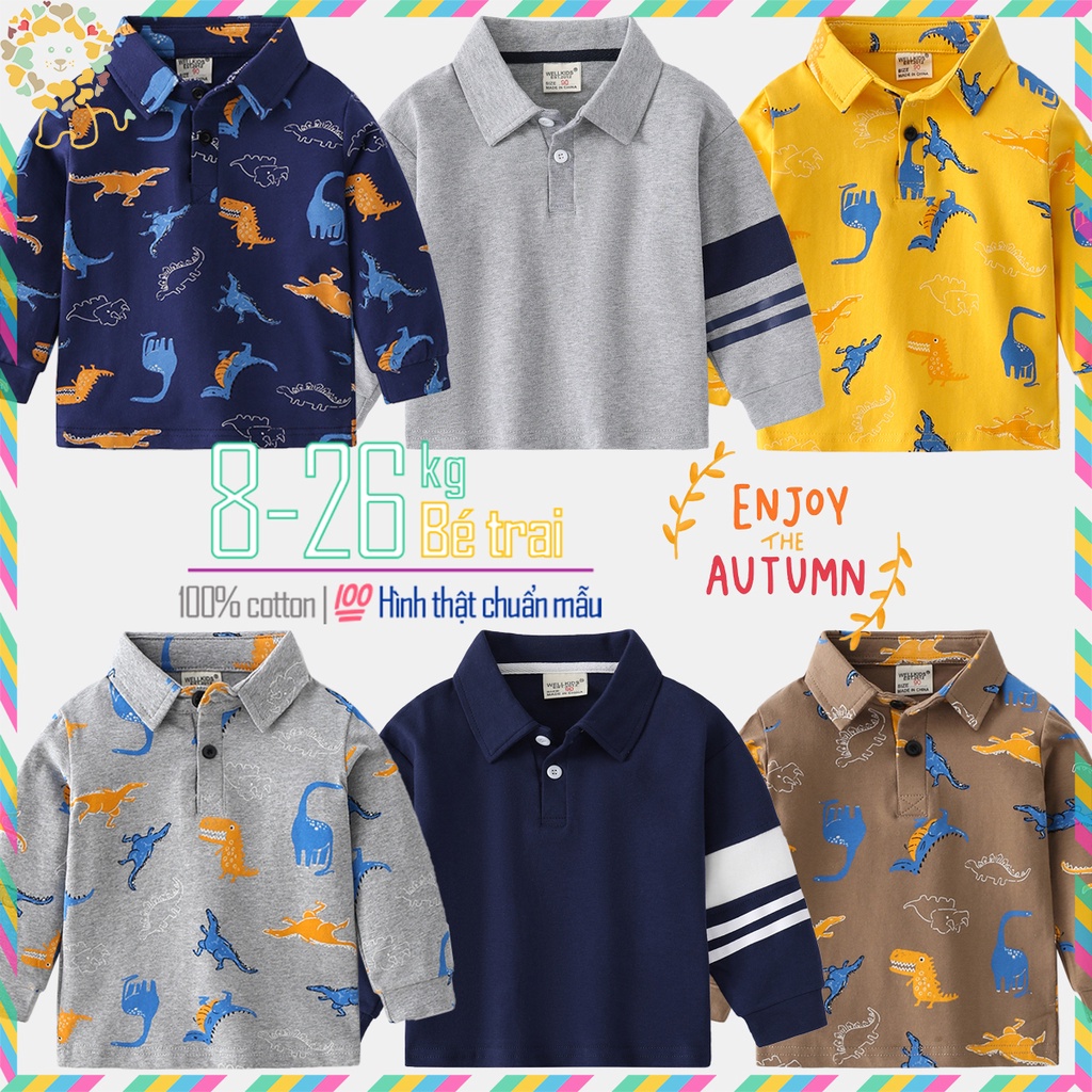 Áo Polo cho bé dài tay WELLKIDS áo thun dài tay có cổ bé trai in hình khủng long chất cotton hàng xuất Âu Mỹ 2022