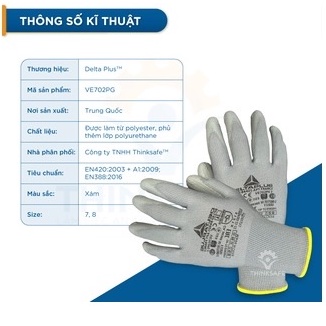 Găng tay lao động Deltaplus VE702PG, Bao tay phủ PU mềm ôm tay, dễ cầm nắm, chống dầu, sửa chữa, vận hành - Thinksafe