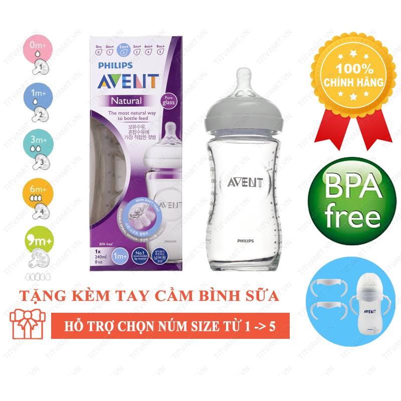 [Tặng kèm tay cầm, Hỗ trợ đổi Size Núm]Bình Sữa Avent Thủy Tinh 120/240ML 100% Chính Hãng