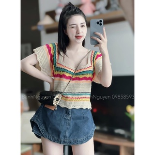 Áo len thổ cầm cổ vuông tay bèo Quảng Châu