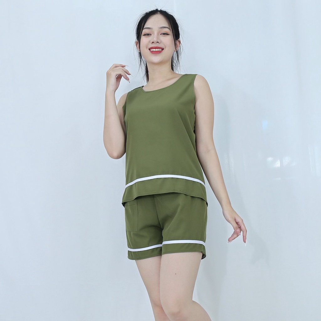 Bộ đồ bộ ngắn  SÁT NÁCH MÀU RÊU PHỐI SỌC TRẮNG  - vải lụa cao cấp  - Mềm mại nhẹ nhàng - Thươt tha