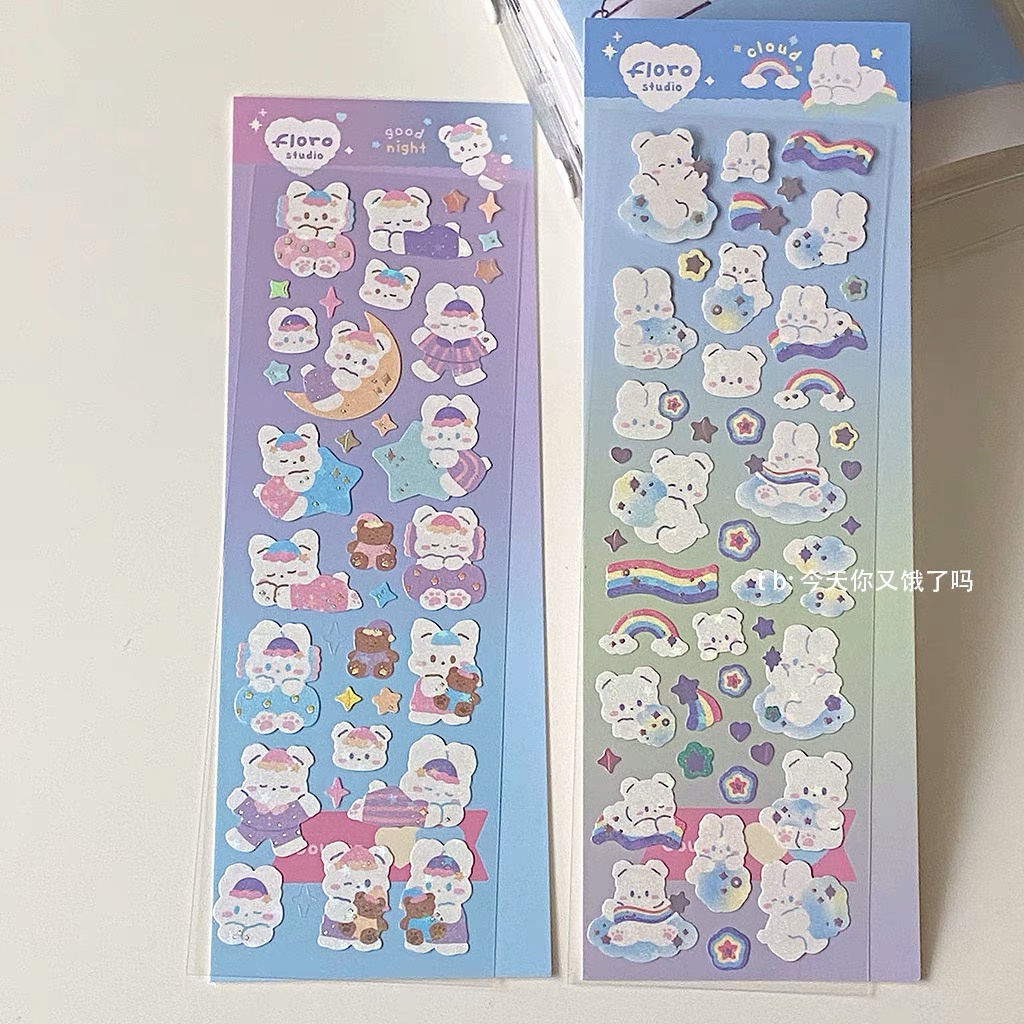 Sticker gấu mặt trăng cầu vồng, xanh hồng, pastel trang trí keyring, sổ tay, bullet journal, top loader decor