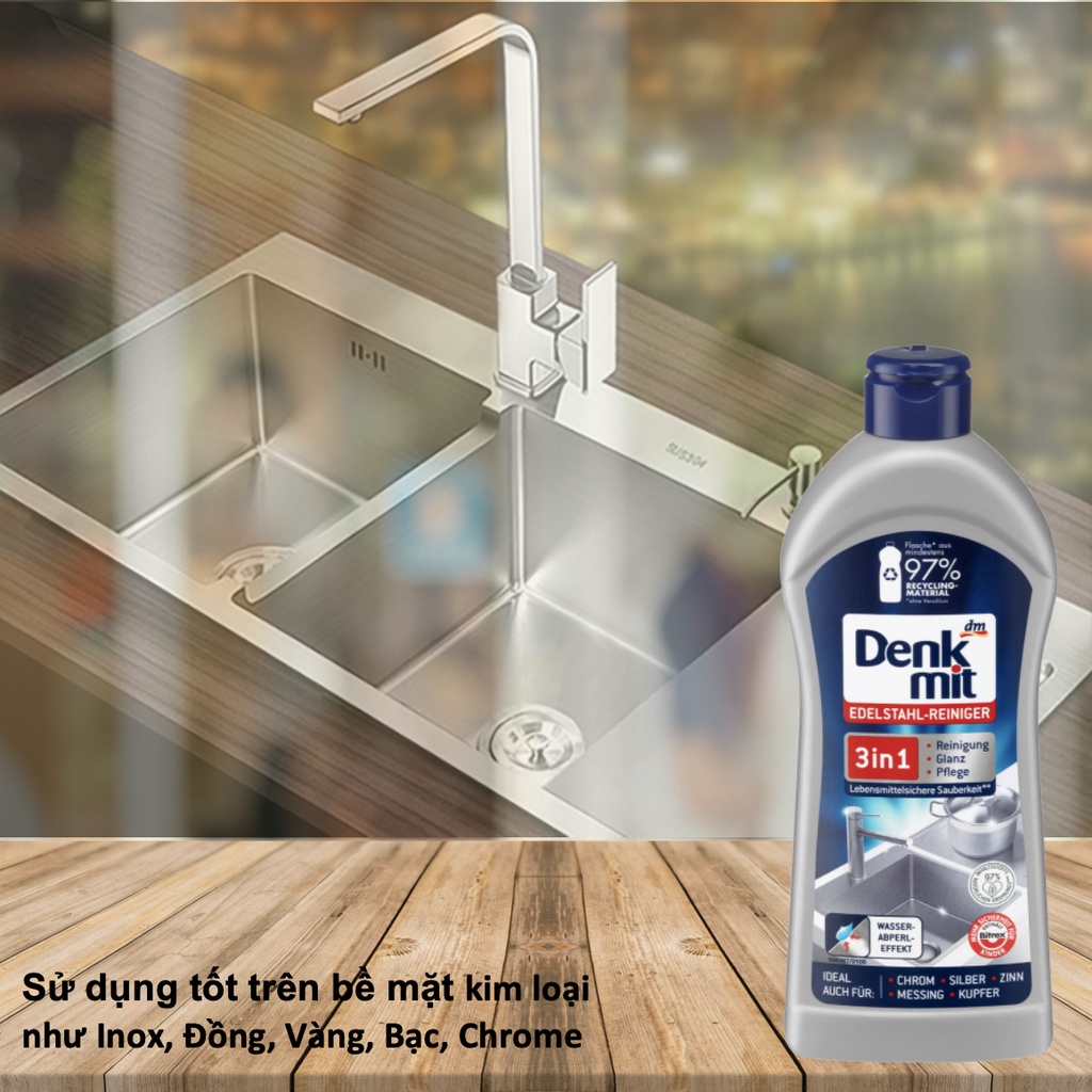 Kem Tẩy Rửa Inox cao cấp Denkmit Tẩy sạch và làm sáng bóng các bề mặt Inox Đồng Chrome chai 300ml