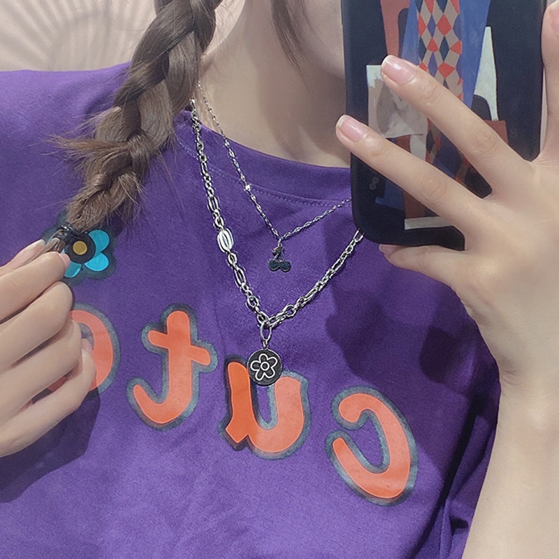 Vòng cổ bằng thép titan hai lớp mặt hình hoa thời trang cho nữ