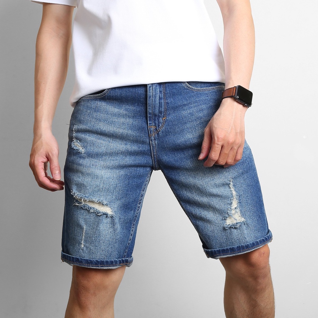 Quần short jean nam quần đùi jean nam rách gối nhẹ chất Denim co giãn phom Slim Fit chuẩn VNXK