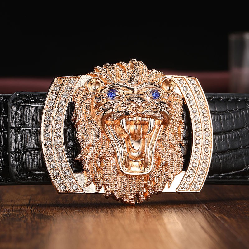Thắt Lưng Đầu Sư Tử Hợp Kim Đính Đá Cao Cấp, Dây Da Bò Dập Vân Cá Sấu Siêu Ngầu