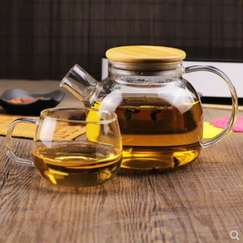bộ ấm trà thủy tinh cao cấp nấp gỗ có thể nấu trên bếp từ (hàng nhập khẩu 1000ml)