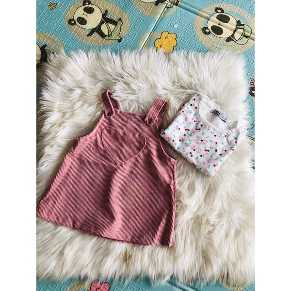 Set váy yếm nhung tăm kèm áo thun cotton Zara xuất dư bé gái