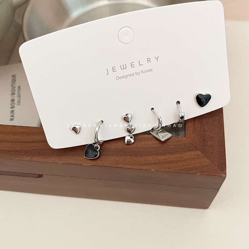 Bộ 6 Khuyên Tai Hình Giọt Nước Màu Đen Phong Cách Retro