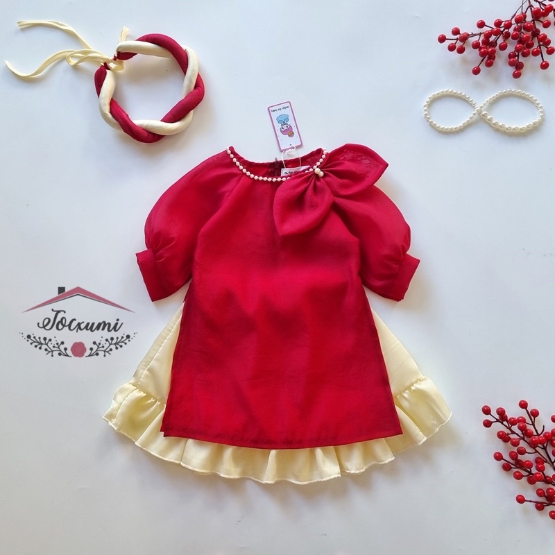 Áo dài cách tân cổ nơ đỏ đính châu cao cấp - Tocxumi