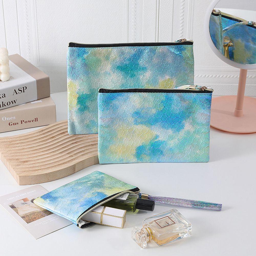 OCEANMAP Gradient Cosmetic Bags Portable Student Stationery Bag Wash Pouch Large Capacity Zipper PU Laser Makeup Bags Women Toiletry Bag