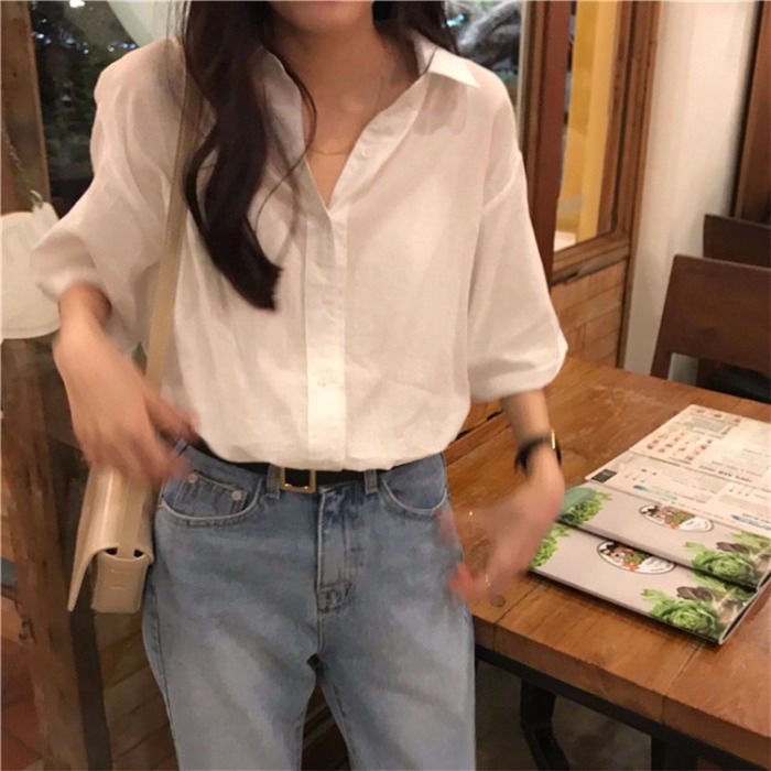 Áo sơ mi RENJIANVSHENG tay ngắn thời trang thanh lịch cho nữ