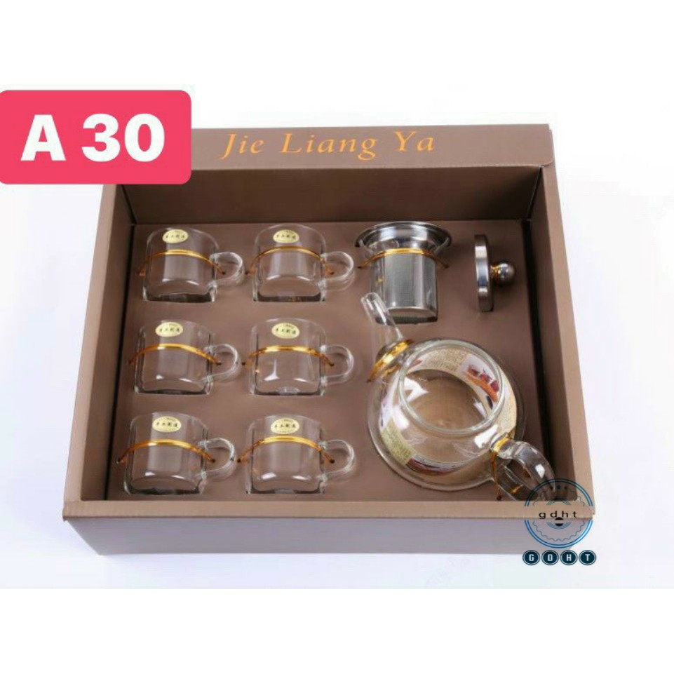 (SẴN) Set 1 bình trà 1 L + 6 cốc 100ml - Bình trà thủy tinh chịu nhiệt cao cấp Borosilicate, hàng xuất Âu