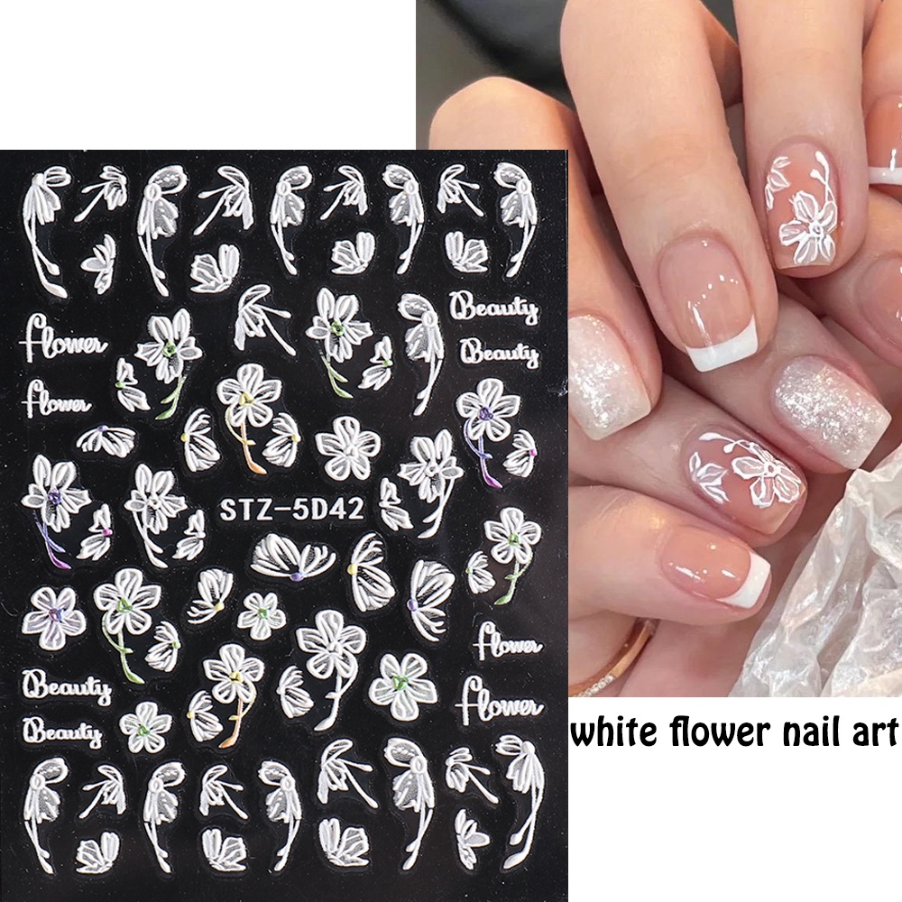 Miếng Dán Nổi Trang Trí Móng Tay Hình Hoa Anh Đào 5D Bằng Acrylic Màu Trắng Phong Cách Nhật Bản