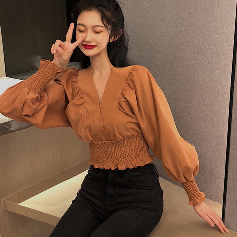 Áo kiểu dài tay cổ chữ V màu trơn gợi cảm cho nữ